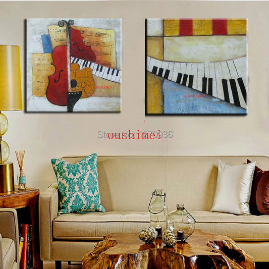 Wall Art - Abstract Still Life Violin - Handpainted - Oil on Canvas 2Pcs