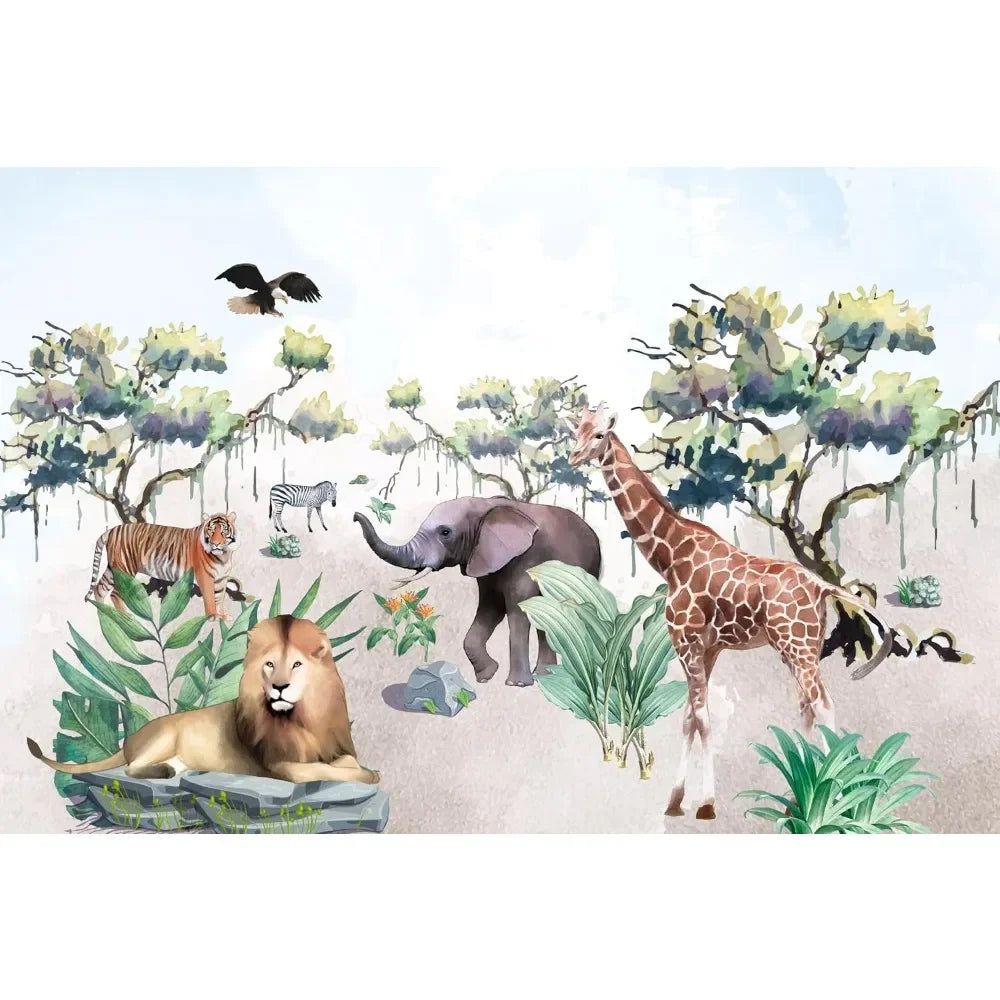 Nursery Wall Paper - Vinyl Safari Animal Jungle Mural - Peel & Stick - Removable