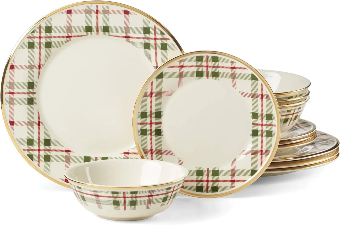 Lenox Holiday Plaid 12-Piece Dinnerware Set - 11.07 - Red & Green