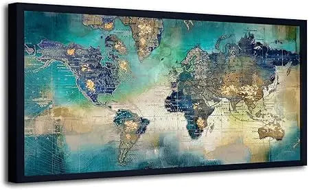 Canvas Print Wall Art - Black Frame - Dandelion, White Flora, World Map - Home Decor