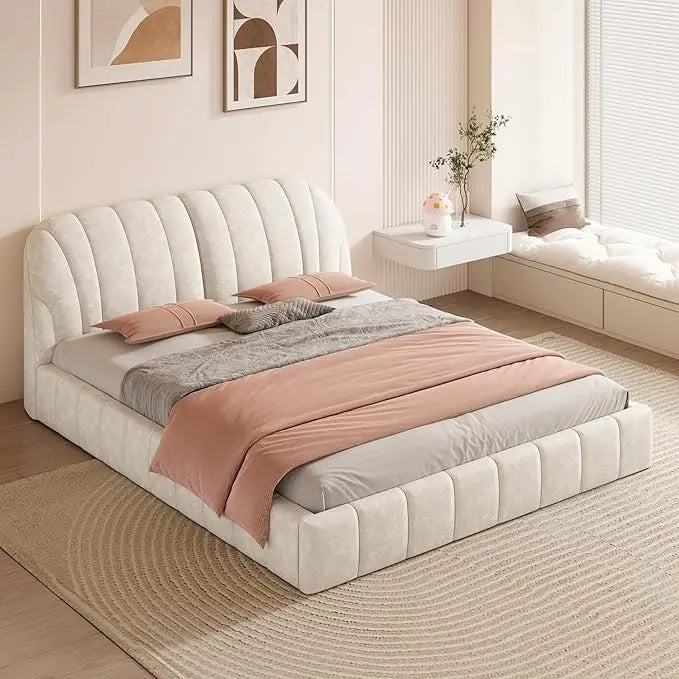 Platform Bed Frame - Queen Size - Teddy Fleece Upholstery