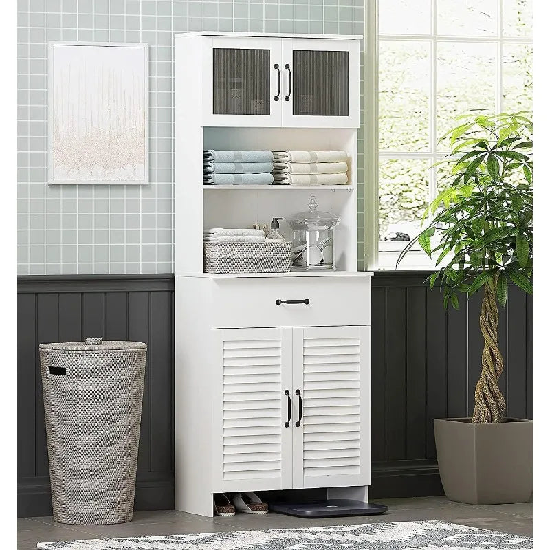 Bathroom Storage Tower - Wood Cabinet - Louver Doors, Glass Doors