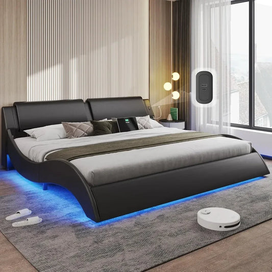 Bed Frames Curved - King, CalKing, Queen Sizes - LED - USB Ports Type C Charging