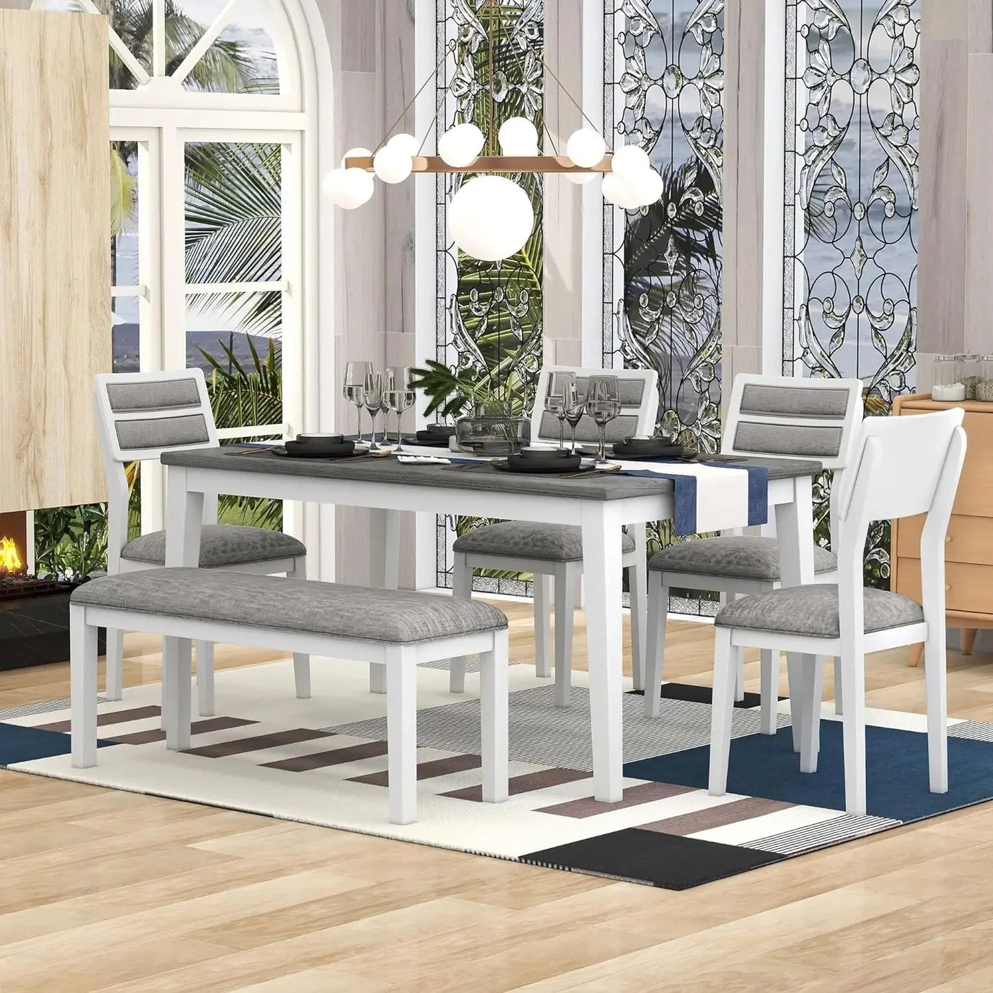 6 Pieces Wood Dining Table Set with Bench, Retro Rectangular Table with Unique Legs and 4 Upholstered Chairs & 1 Bench