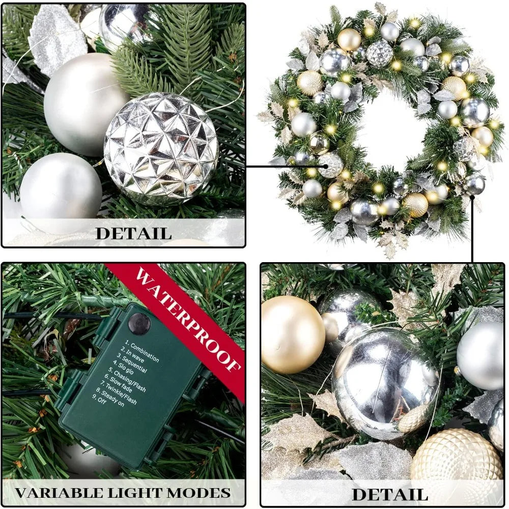 Christmas Wreath - 30" - Pre-Lit 50 LED Lights - Silver & Gold Ornaments