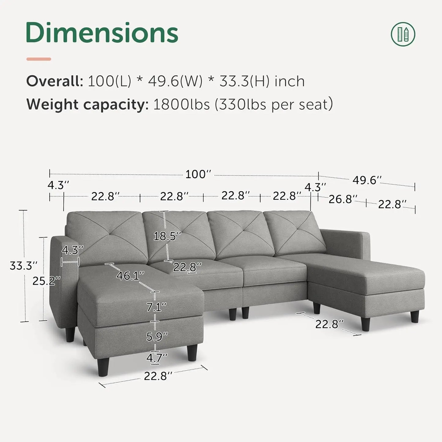 Sofa, Couch -  Sectional - Double Chaise