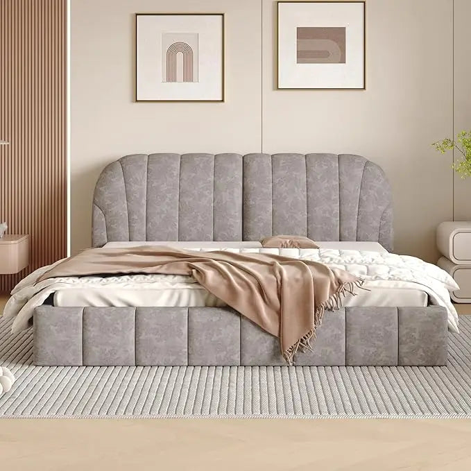 Platform Bed Frame - Queen Size - Teddy Fleece Upholstery