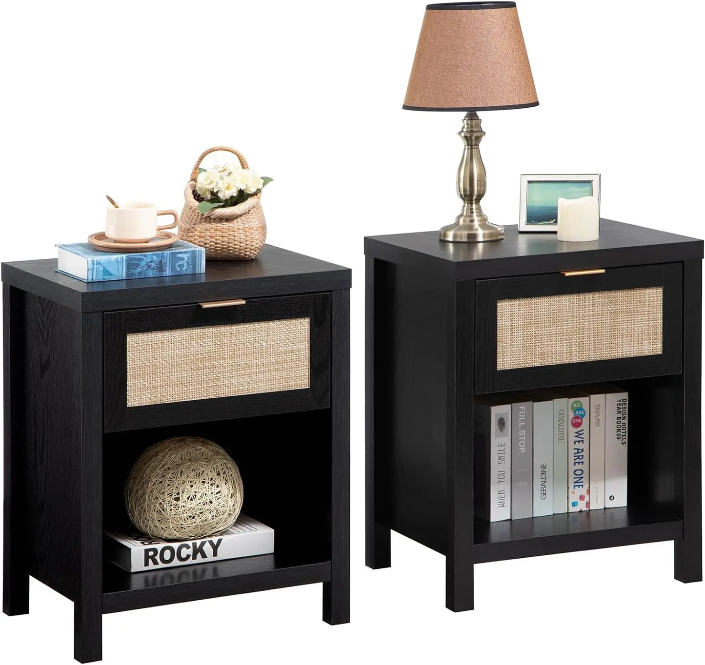 Nightstand Set *2Pcs - Boho Faux Rattan Drawers - Bedside, End Table