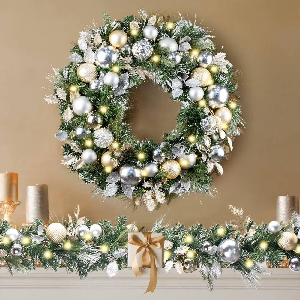 Christmas Wreath - 30" - Pre-Lit 50 LED Lights - Silver & Gold Ornaments