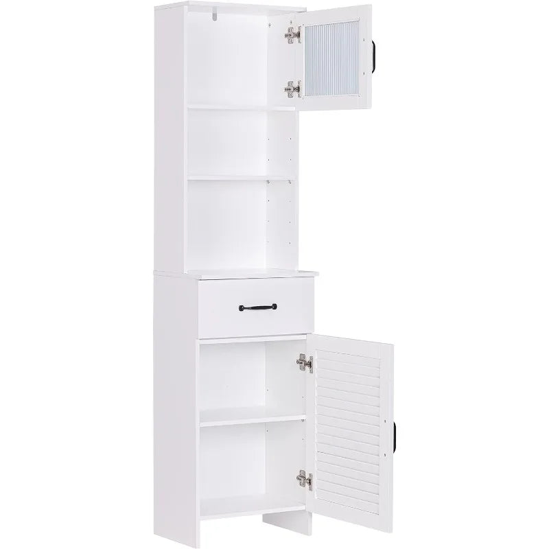 Bathroom Storage Tower - Wood Cabinet - Louver Doors, Glass Doors