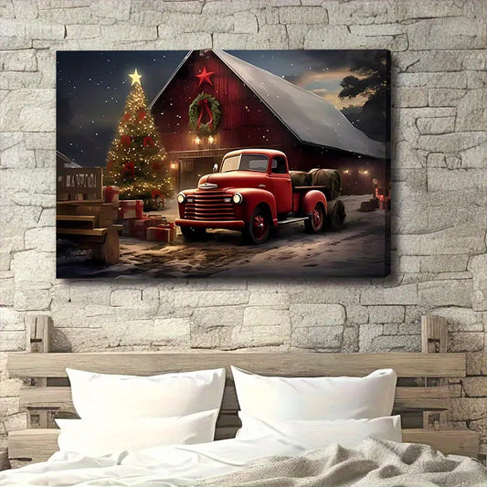 Christmas Landscape - Classical Red Truck - Canvas Framed