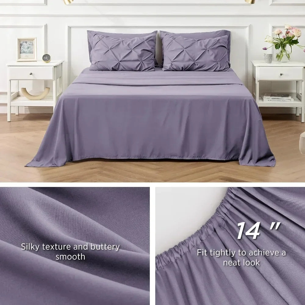 Comforter Bedding Set *7Pcs - Bedsure Pintucked, Purple  - Cal King