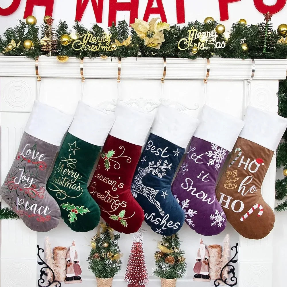 Christmas Stocking Set 6Pcs - Velvet Embroidery - Quilted Lining