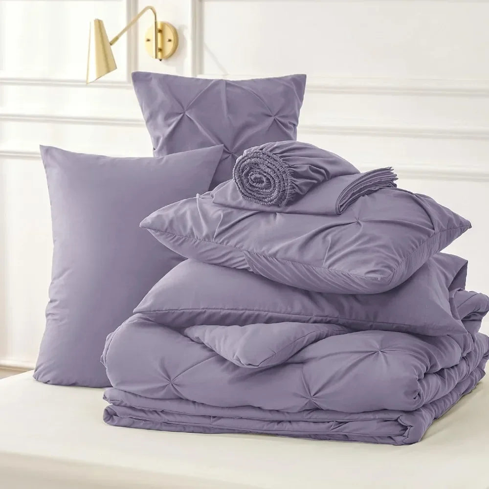 Comforter Bedding Set *7Pcs - Bedsure Pintucked, Purple  - Cal King