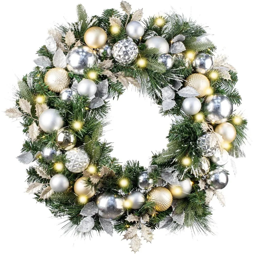 Christmas Wreath - 30" - Pre-Lit 50 LED Lights - Silver & Gold Ornaments