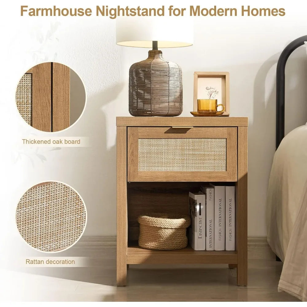 Nightstand Set *2Pcs - Boho Faux Rattan Drawers - Bedside, End Table