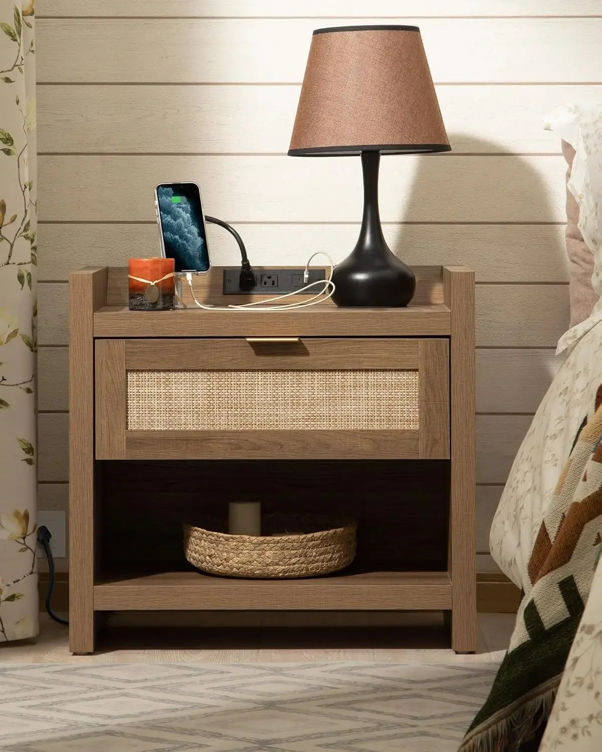 Nightstands - Imitation Rattan Drawers *2 - USB Ports Type AC Charging Station