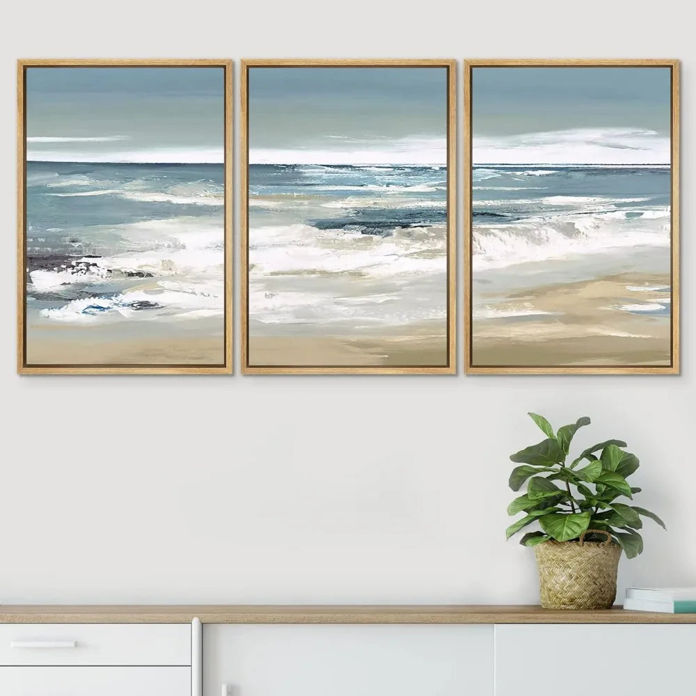 Canvas Prints *3Pcs Mural - Framed - Beach Shore Illustrations