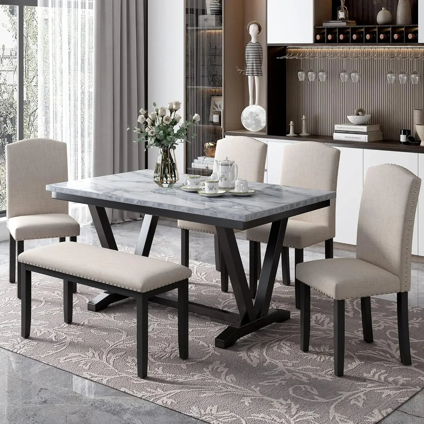 6 Pieces Wood Dining Table Set with Bench, Retro Rectangular Table with Unique Legs and 4 Upholstered Chairs & 1 Bench