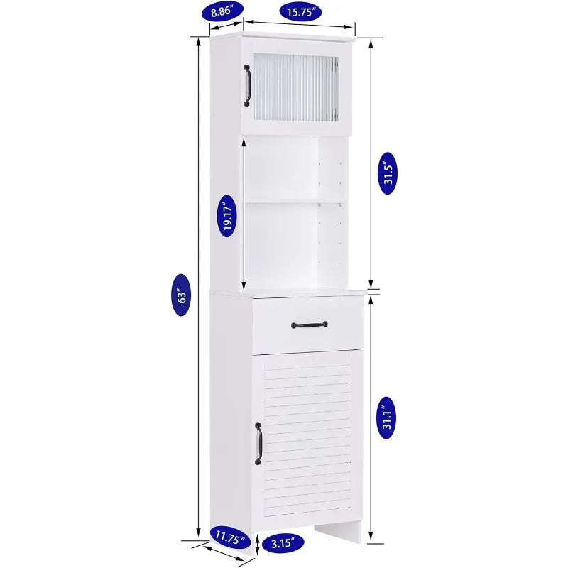 Bathroom Storage Tower - Wood Cabinet - Louver Doors, Glass Doors