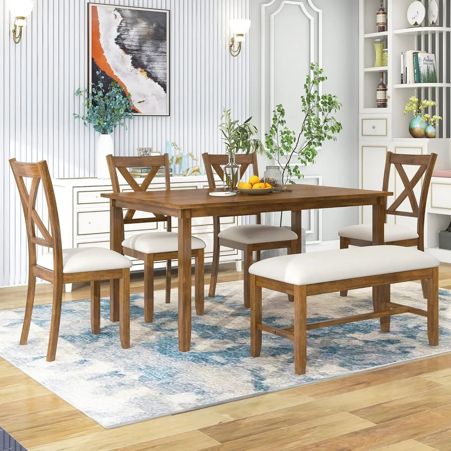 6 Pieces Wood Dining Table Set with Bench, Retro Rectangular Table with Unique Legs and 4 Upholstered Chairs & 1 Bench