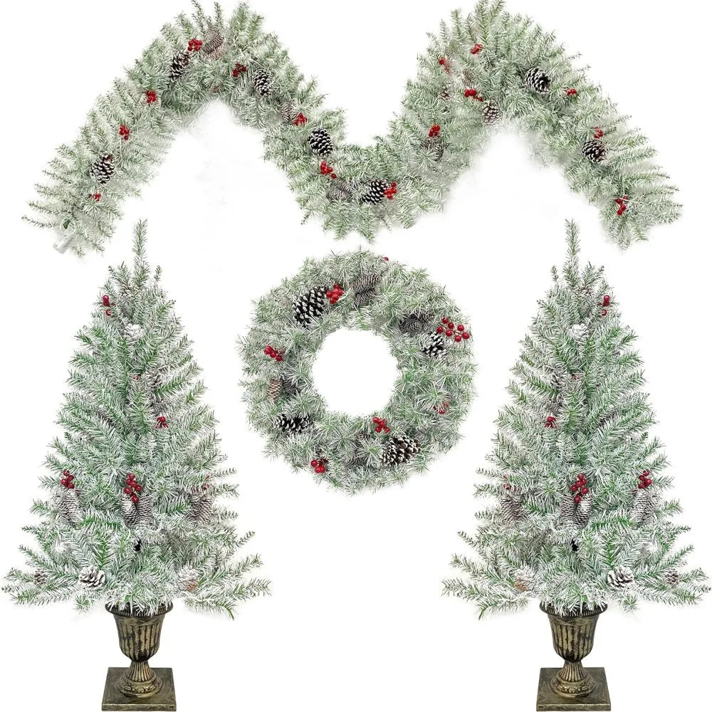 Christmas Decoration Set *4Pcs - Entrance Trees (2), Garland, Wreath - Pre-Lit