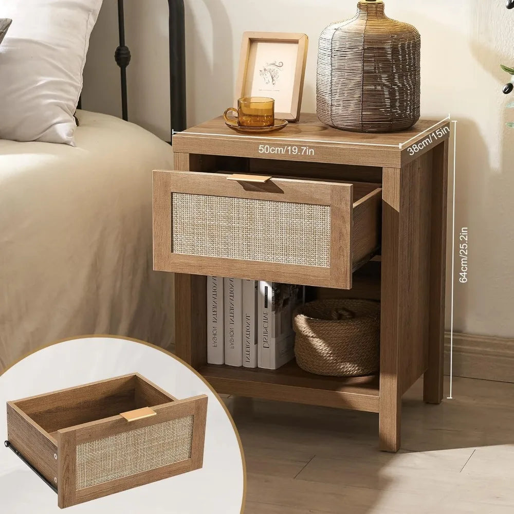 Nightstand Set *2Pcs - Boho Faux Rattan Drawers - Bedside, End Table