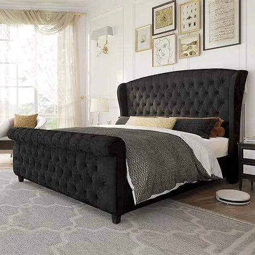 Platform Sleigh Bed Frame - Scroll Wingback Headboard - Velvet Upholstery