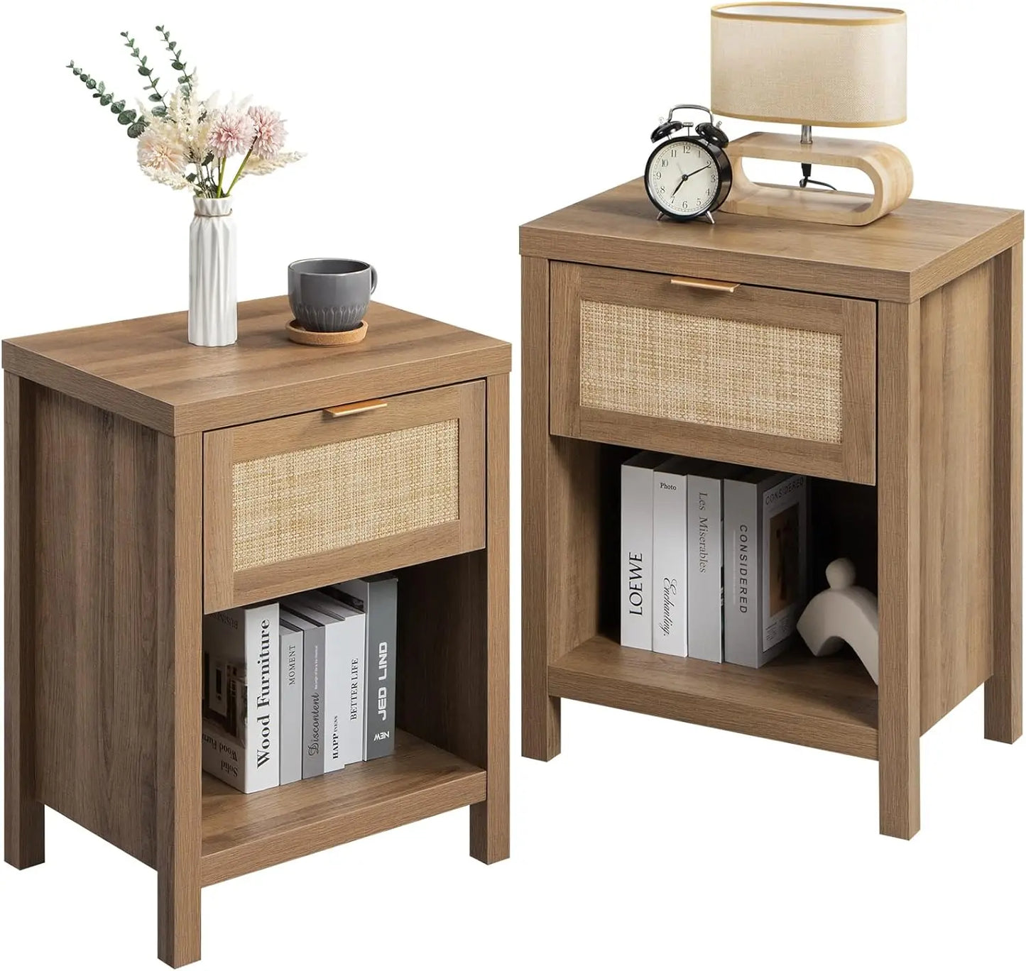 Nightstand Set *2Pcs - Boho Faux Rattan Drawers - Bedside, End Table