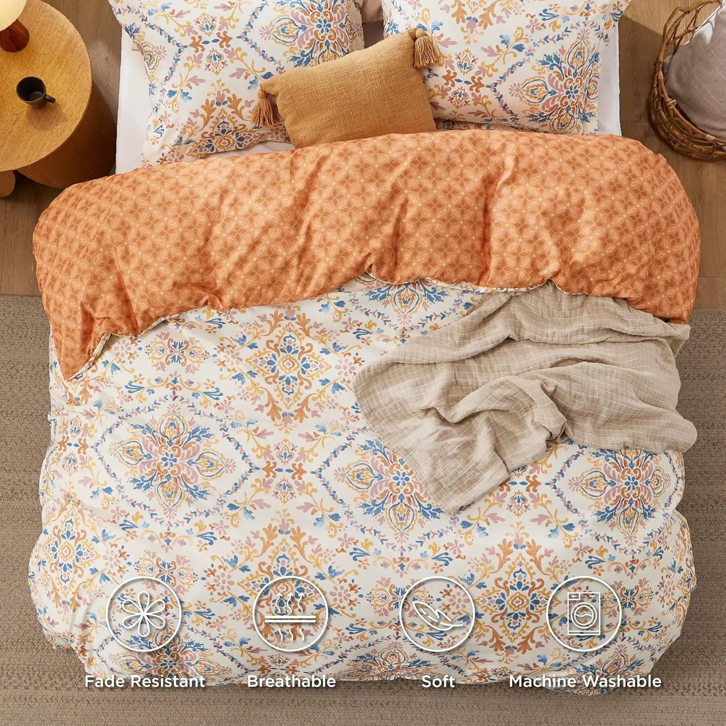 Duvet Cover Set *3Pcs - Bedsure Bohemian Orange - Damask Pattern