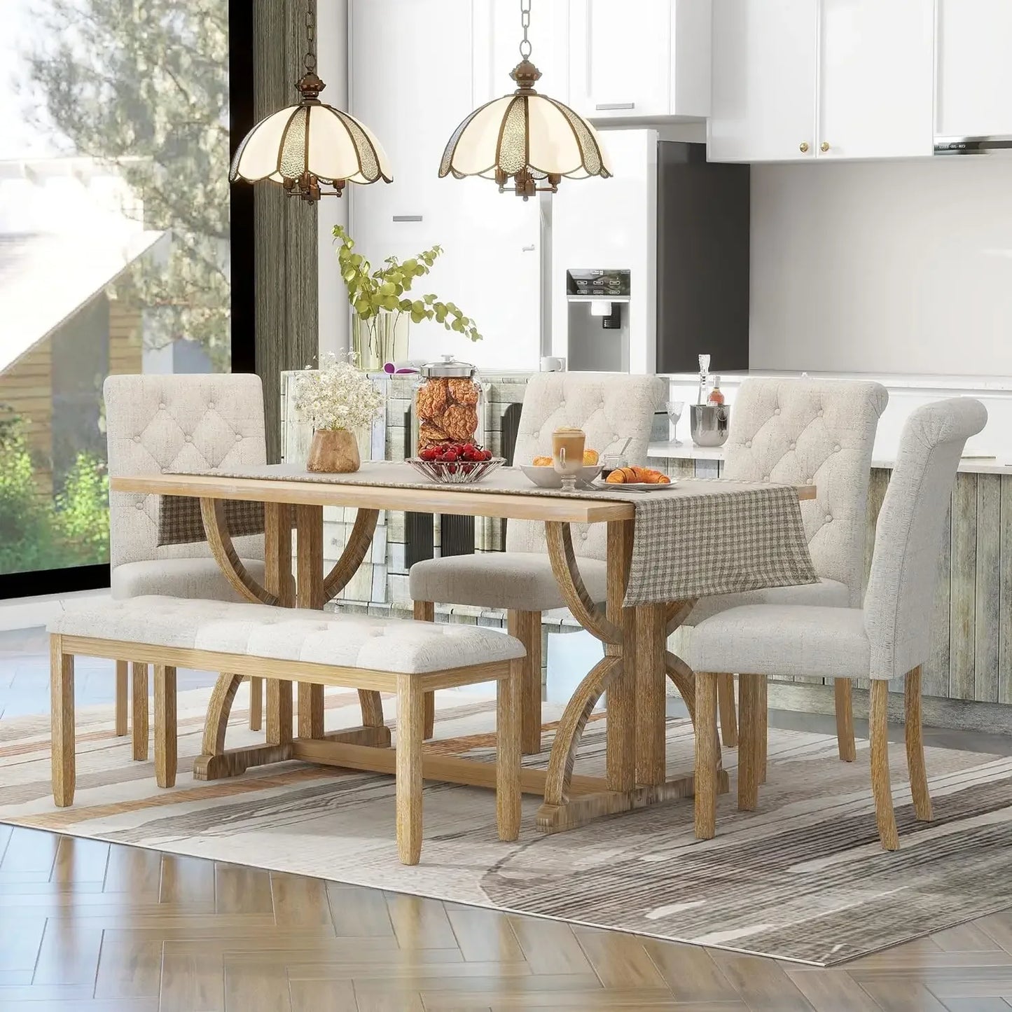 Diningroom Sets - 6Pcs - 1 Table 4 Chairs & 1 Bench - Home Furniture