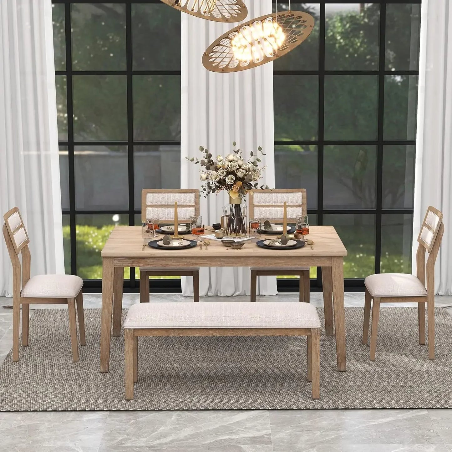 6 Pieces Wood Dining Table Set with Bench, Retro Rectangular Table with Unique Legs and 4 Upholstered Chairs & 1 Bench