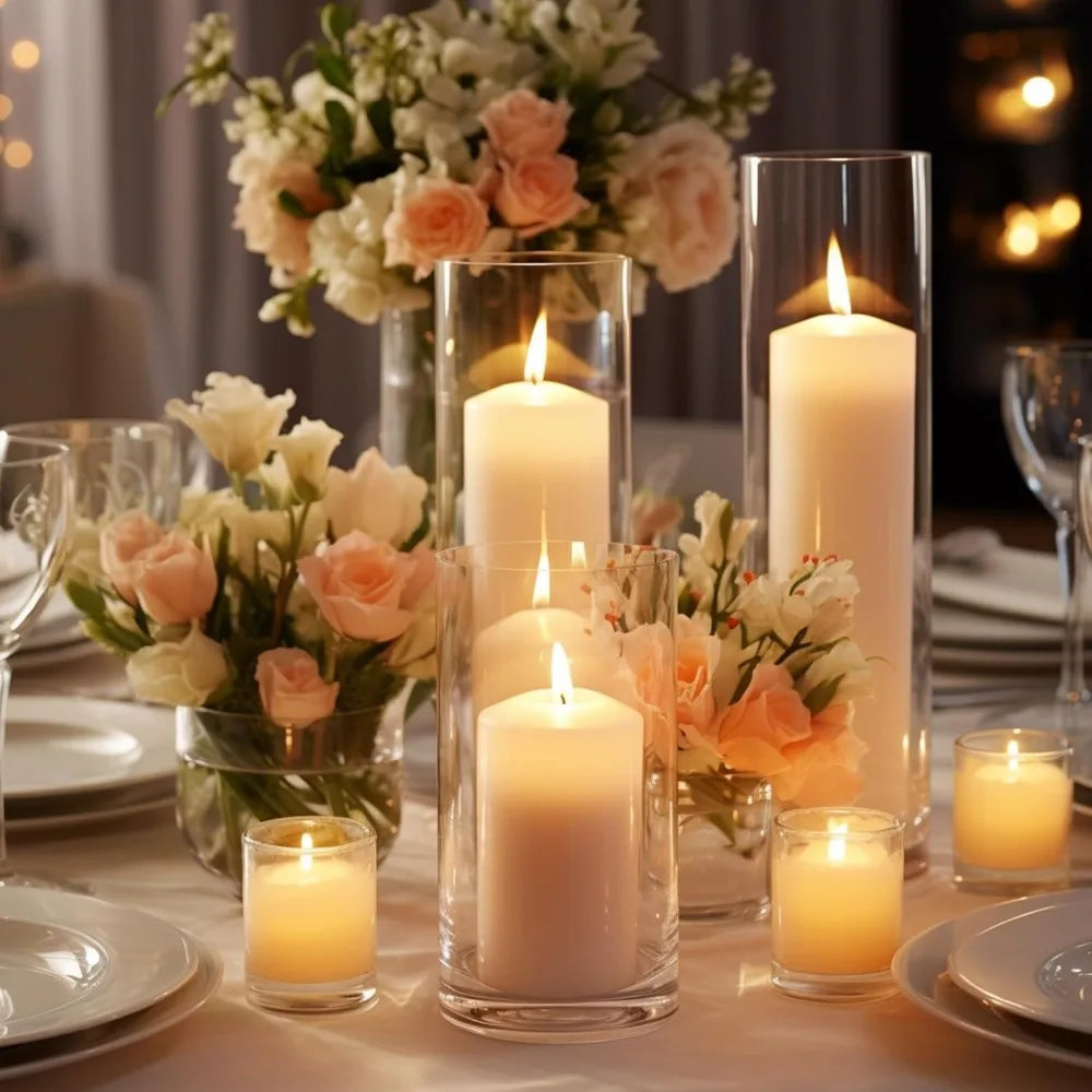 White Pillar Candle Set *12Pcs - Hurricane Glass Candle Holders