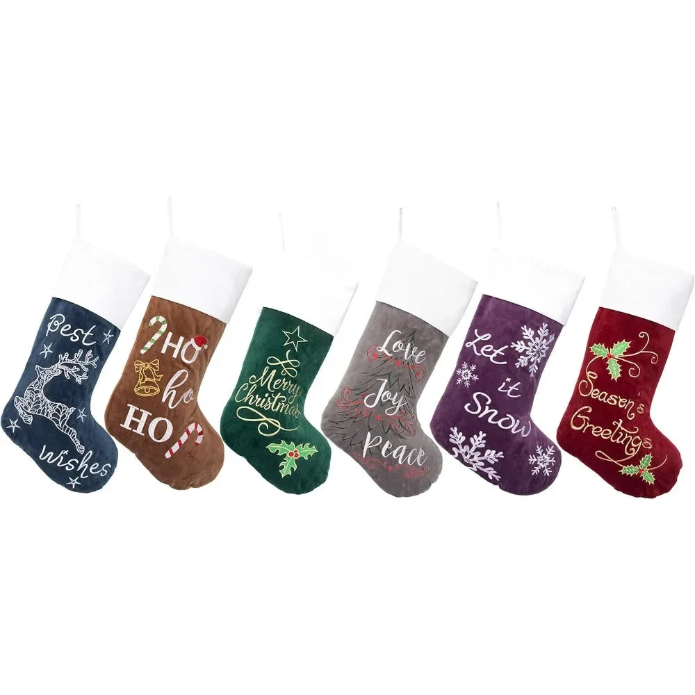 Christmas Stocking Set 6Pcs - Velvet Embroidery - Quilted Lining