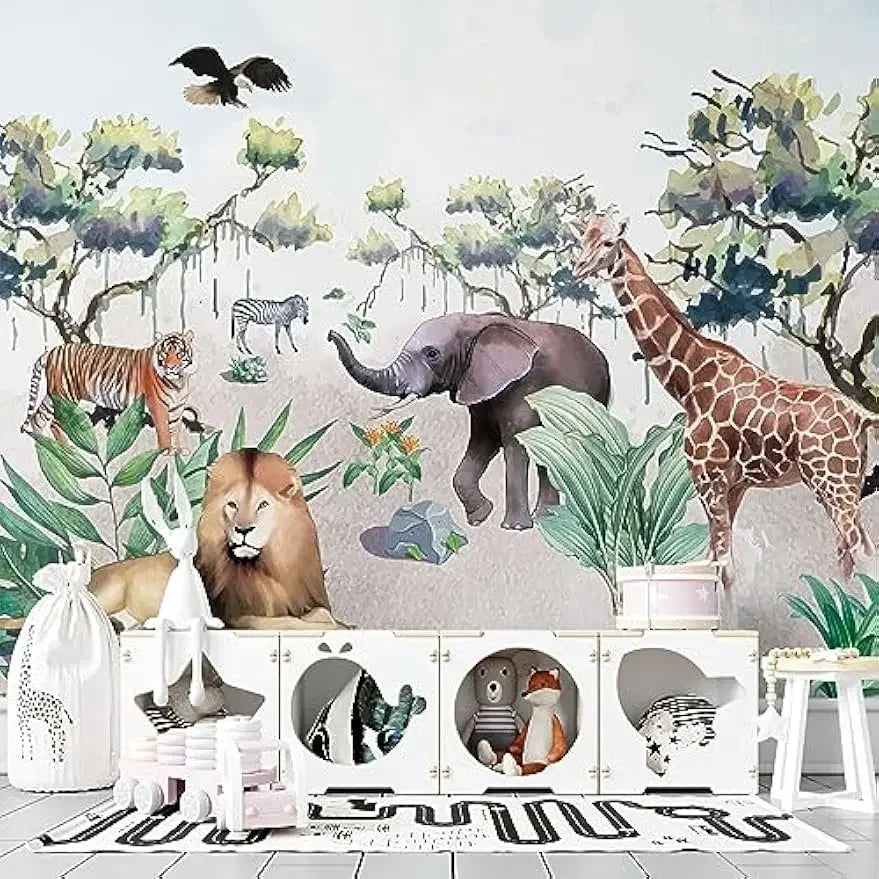 Nursery Wall Paper - Vinyl Safari Animal Jungle Mural - Peel & Stick - Removable