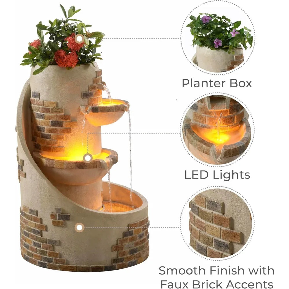 Outdoor Water Fountain with Planter & LED Lights