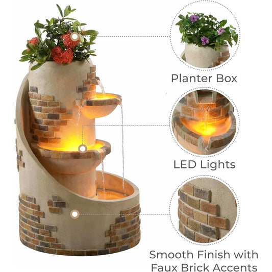 Outdoor Water Fountain with Planter & LED Lights