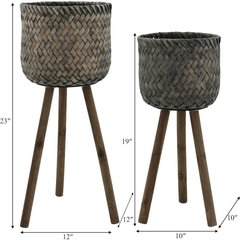 Planter Set *2Pcs - Bamboo Wood - Indoor Outdoor - Tripod Legs - Baskets - 19" 23"