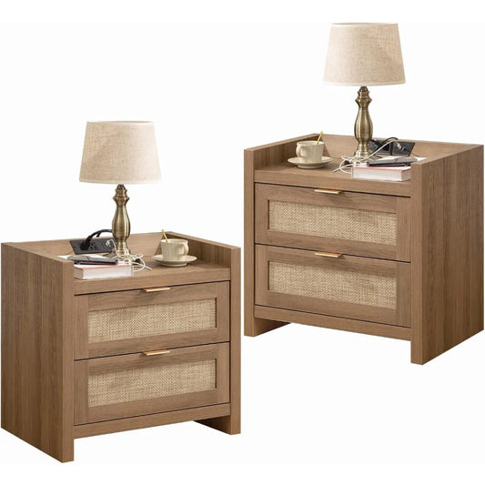 Nightstands - Imitation Rattan Drawers *2 - USB Ports Type AC Charging Station