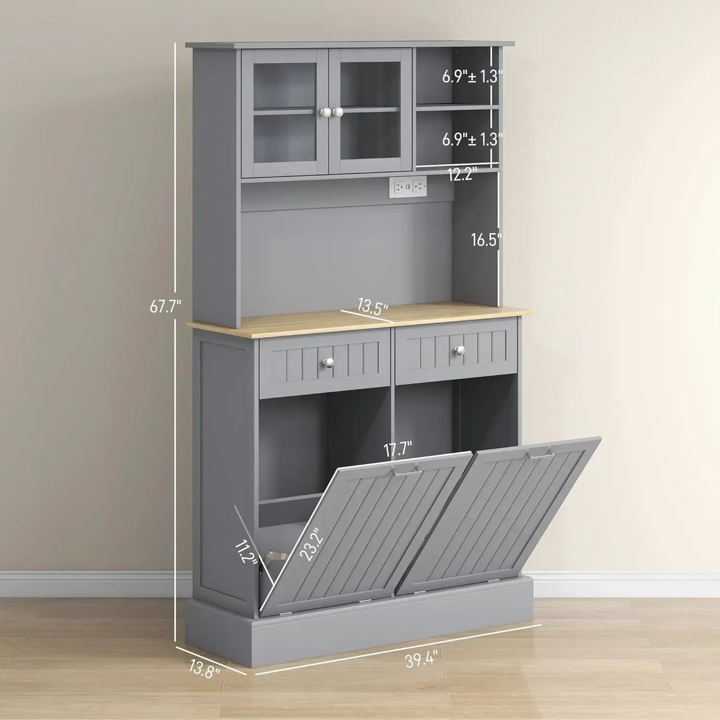 Kitchen Pantry Cabinet - Trash Bin Containers - Adjustable Shelves - Multi Use