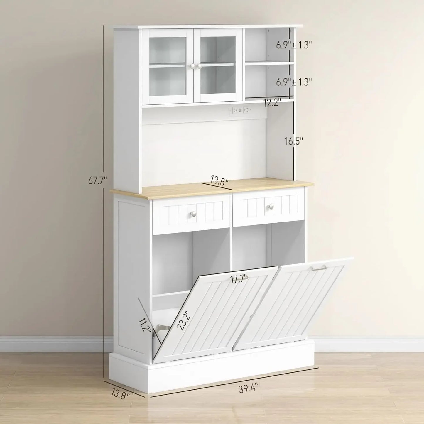 Kitchen Pantry Cabinet - Trash Bin Containers - Adjustable Shelves - Multi Use