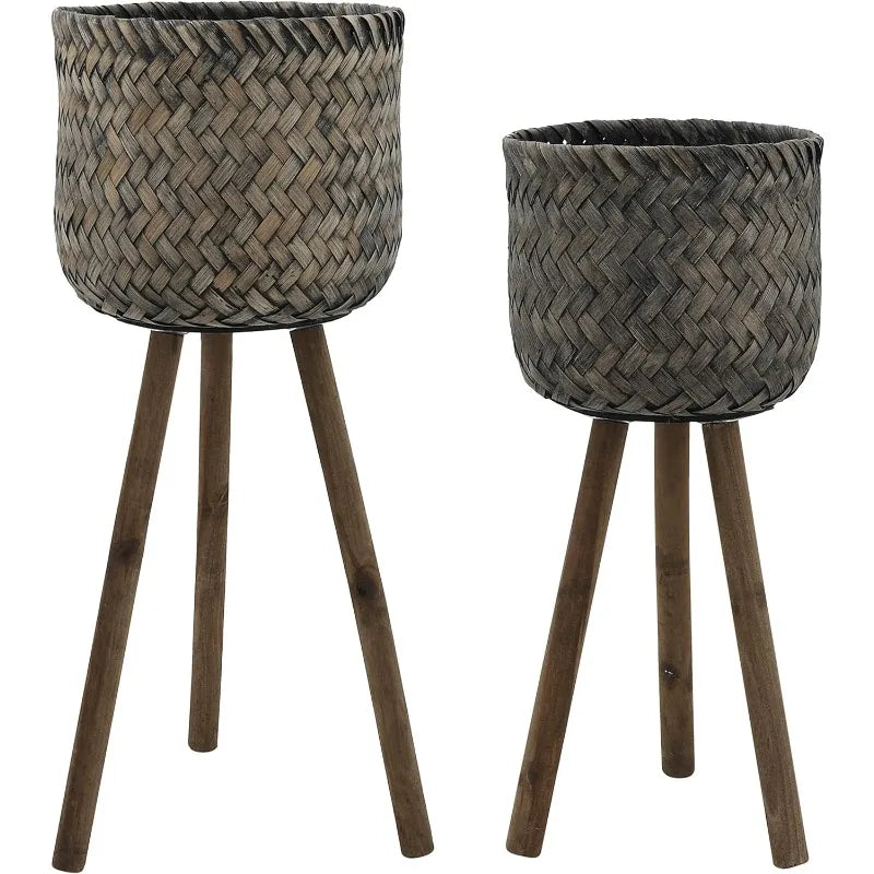 Planter Set *2Pcs - Bamboo Wood - Indoor Outdoor - Tripod Legs - Baskets - 19" 23"