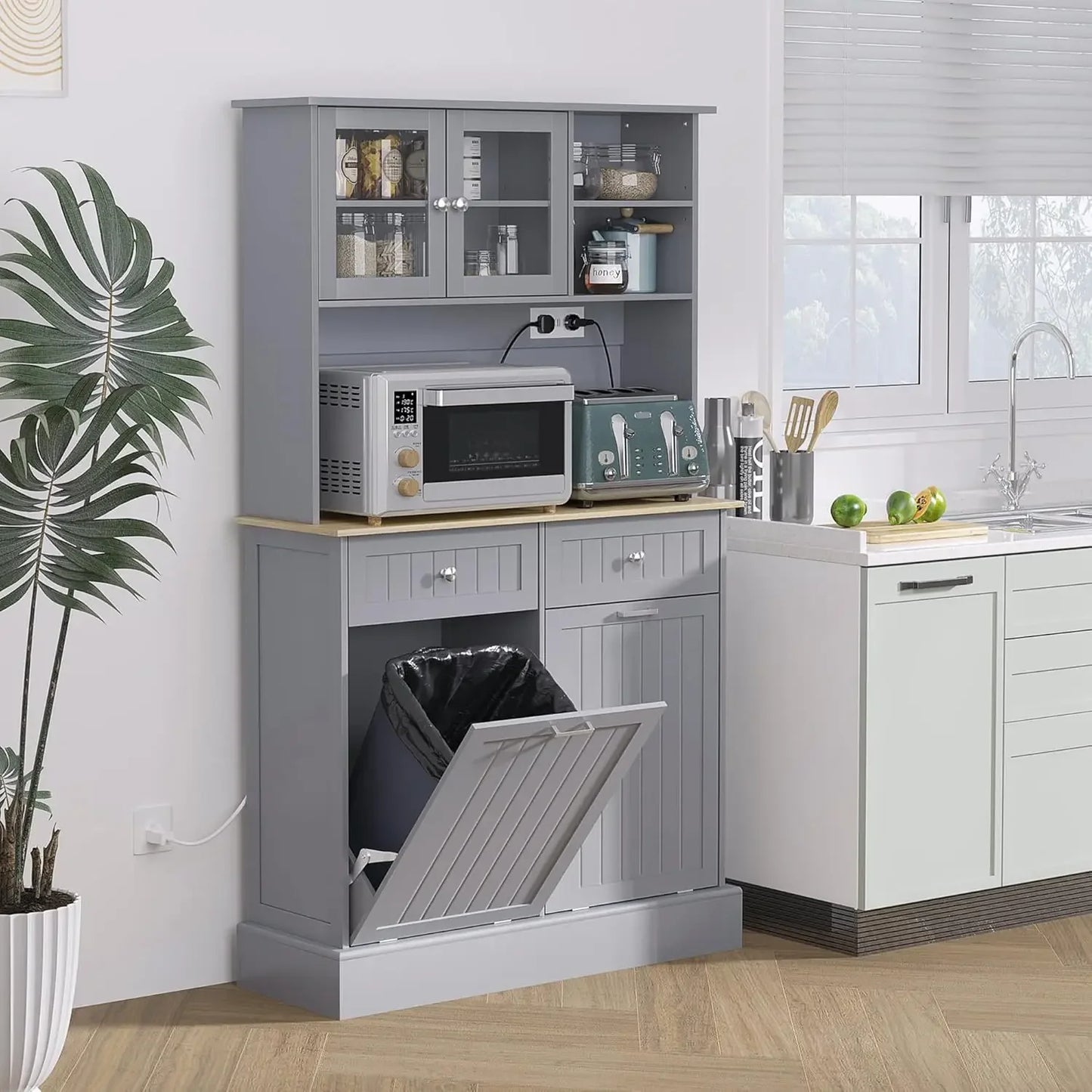 Kitchen Pantry Cabinet - Trash Bin Containers - Adjustable Shelves - Multi Use