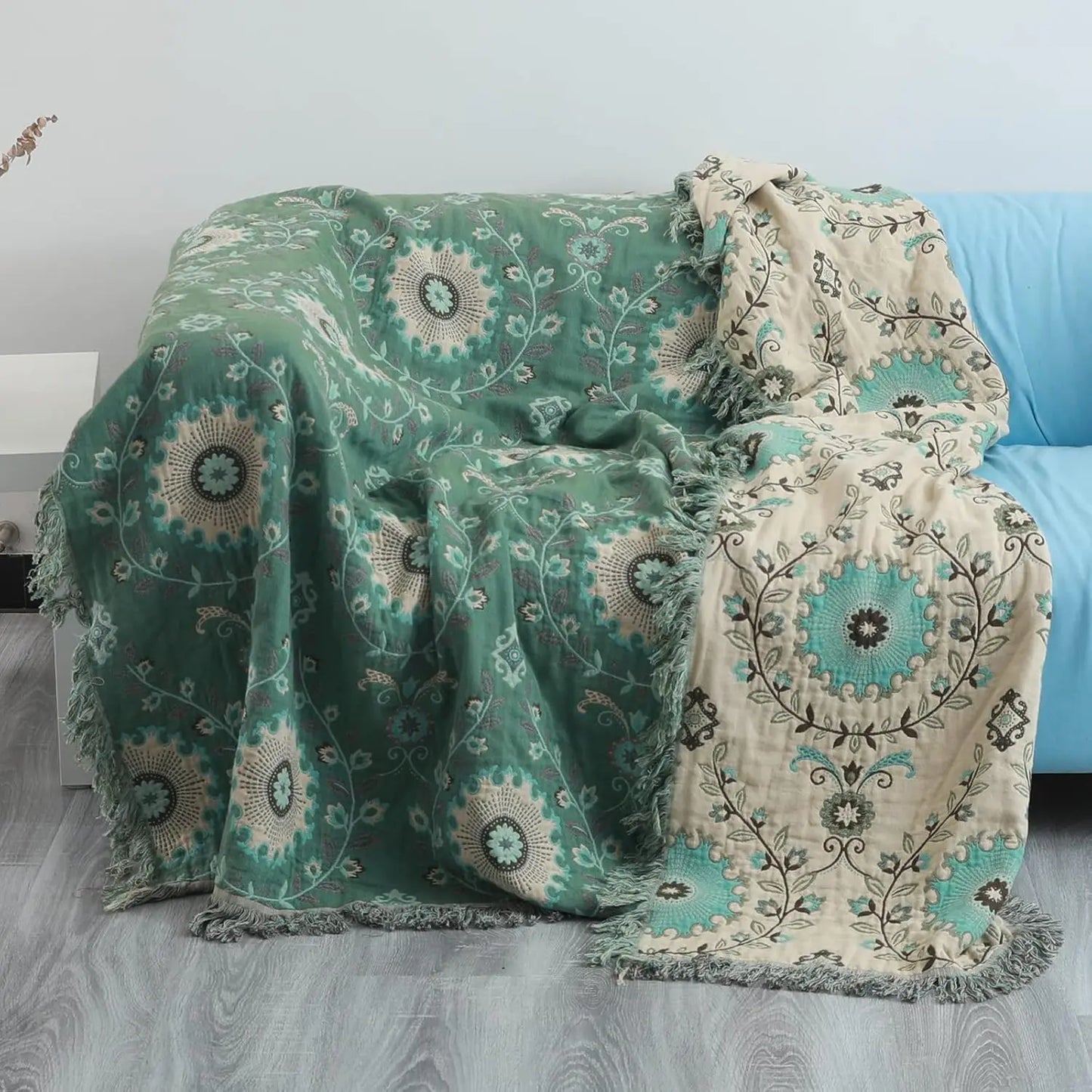 Throw Blankets - Bohemian Throws - 100% Cotton Muslin - Queen