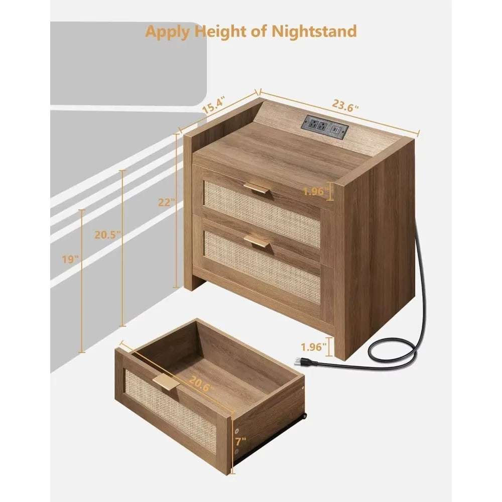 Nightstands - Imitation Rattan Drawers *2 - USB Ports Type AC Charging Station