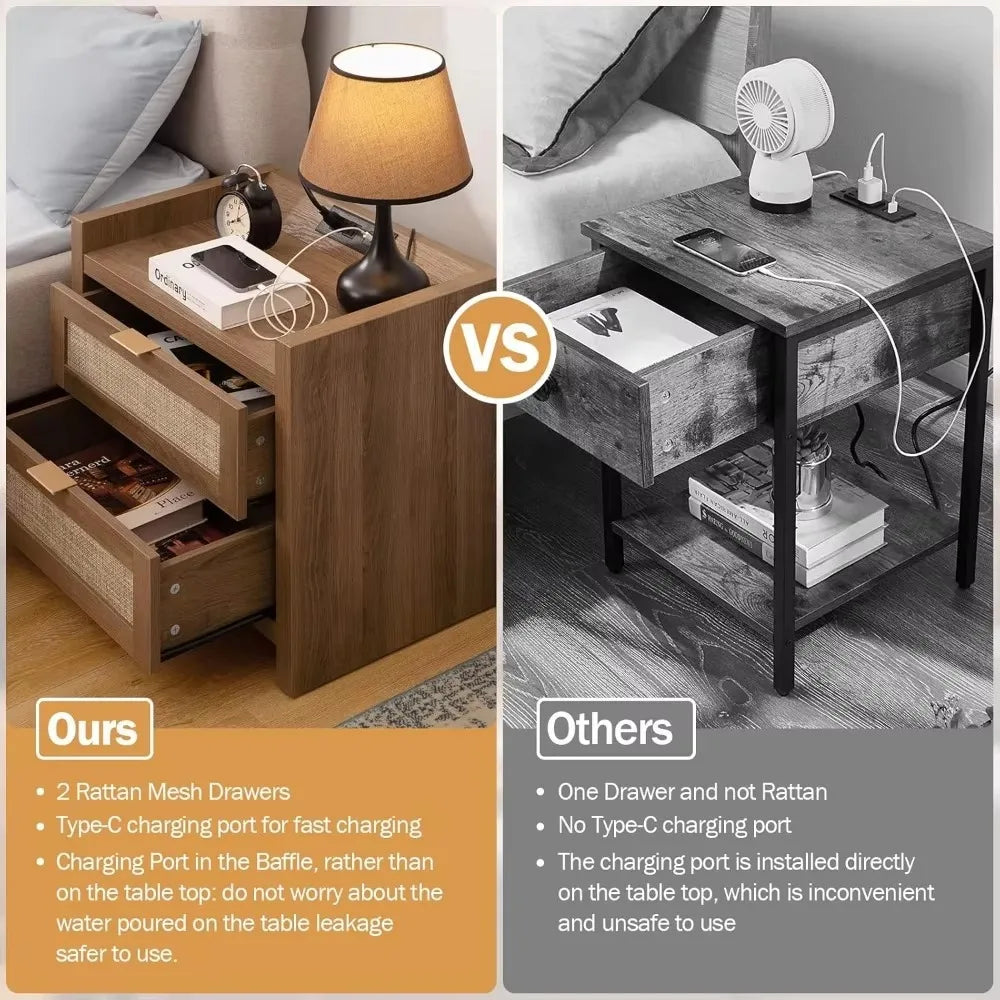 Nightstands - Imitation Rattan Drawers *2 - USB Ports Type AC Charging Station