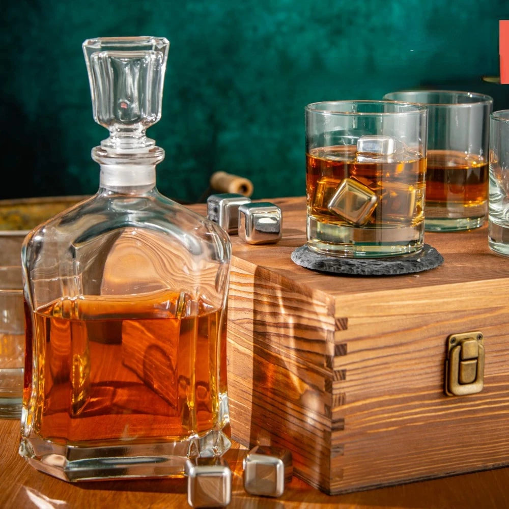 Whiskey Decanter Bar Set - Wooden Gift Box wChilling Stones, Glasses & Coasters