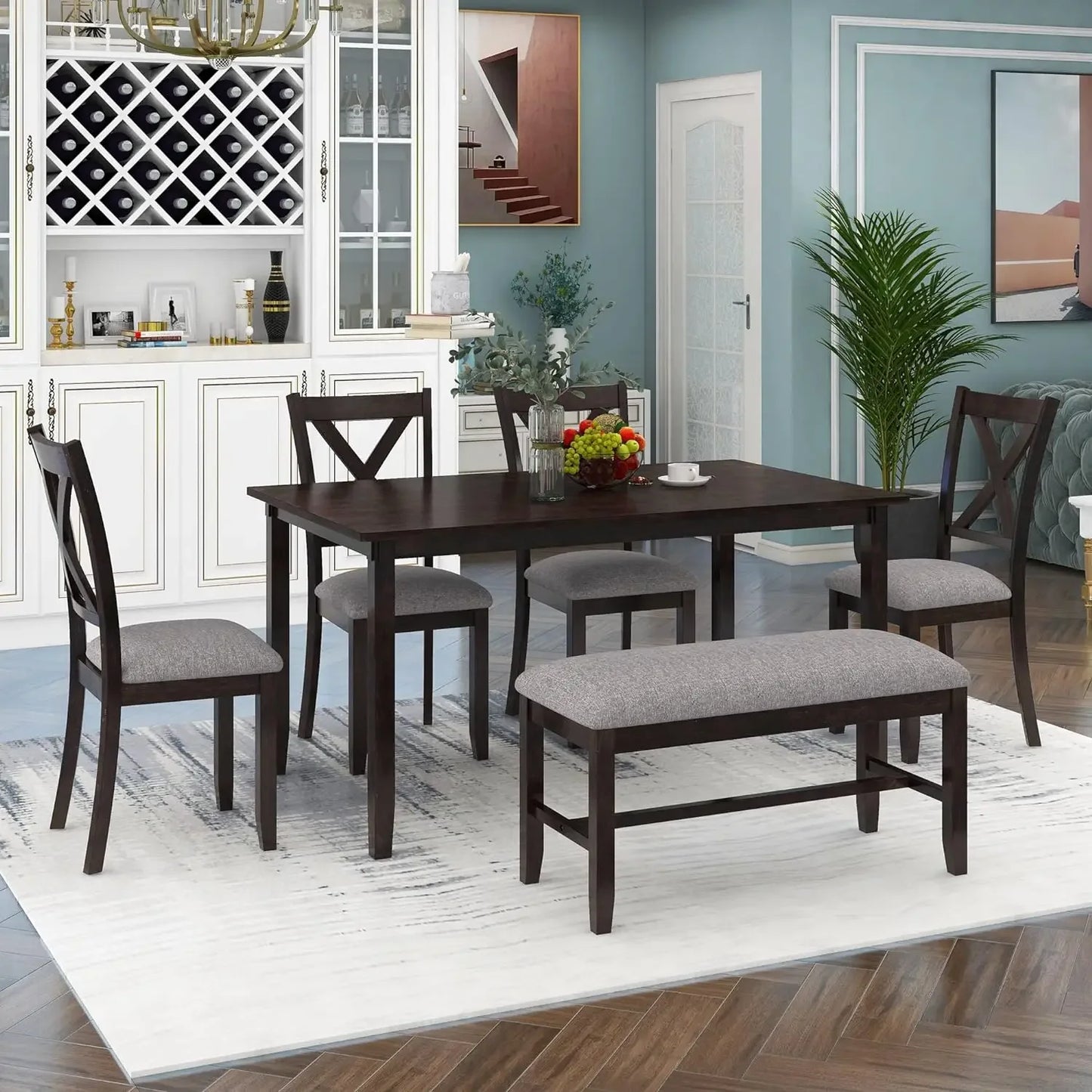 6 Pieces Wood Dining Table Set with Bench, Retro Rectangular Table with Unique Legs and 4 Upholstered Chairs & 1 Bench