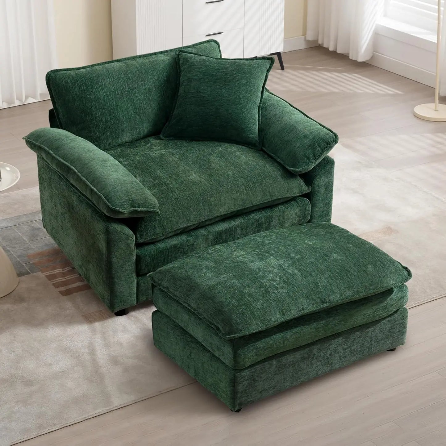 Chaise Lounge Chair w/Ottoman - Oversized - Chenille Upholstery