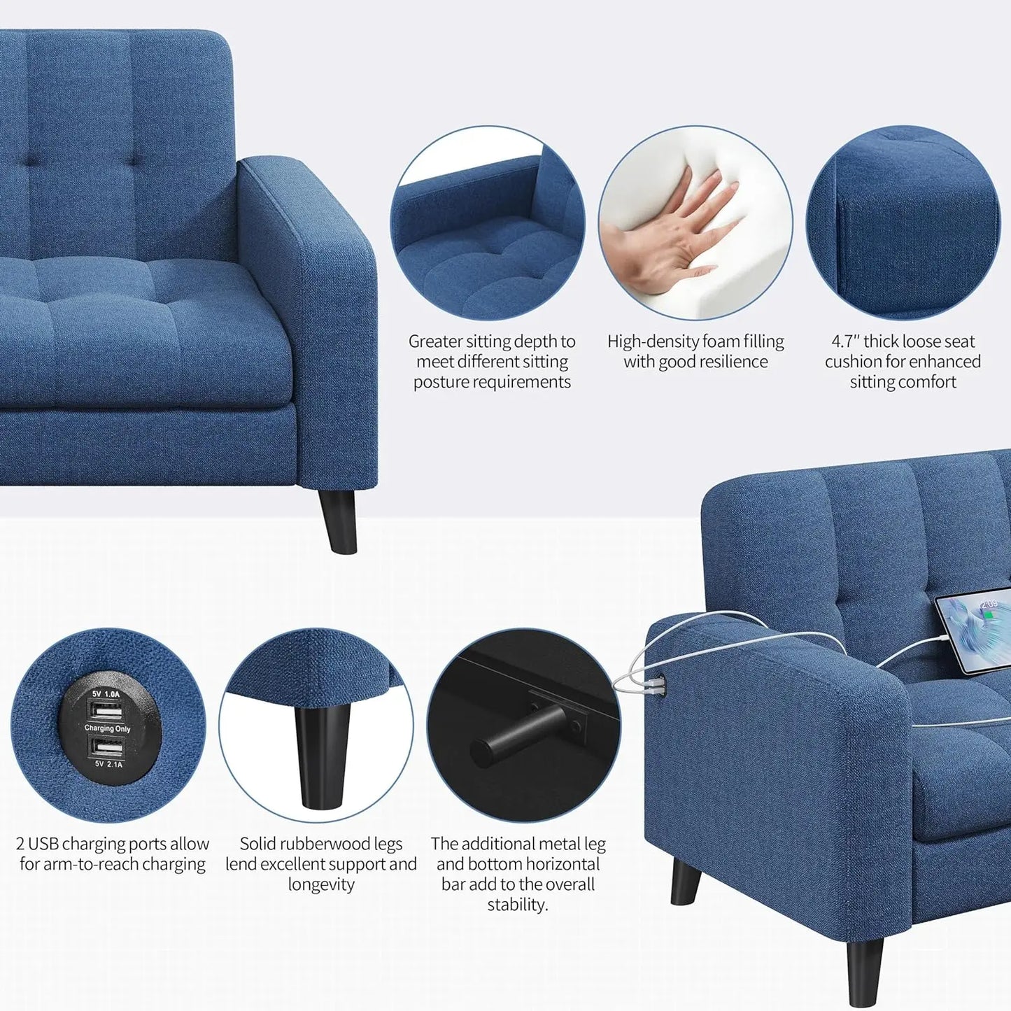 Sofa Loveseat - Small Couch, Sofa - USB Ports